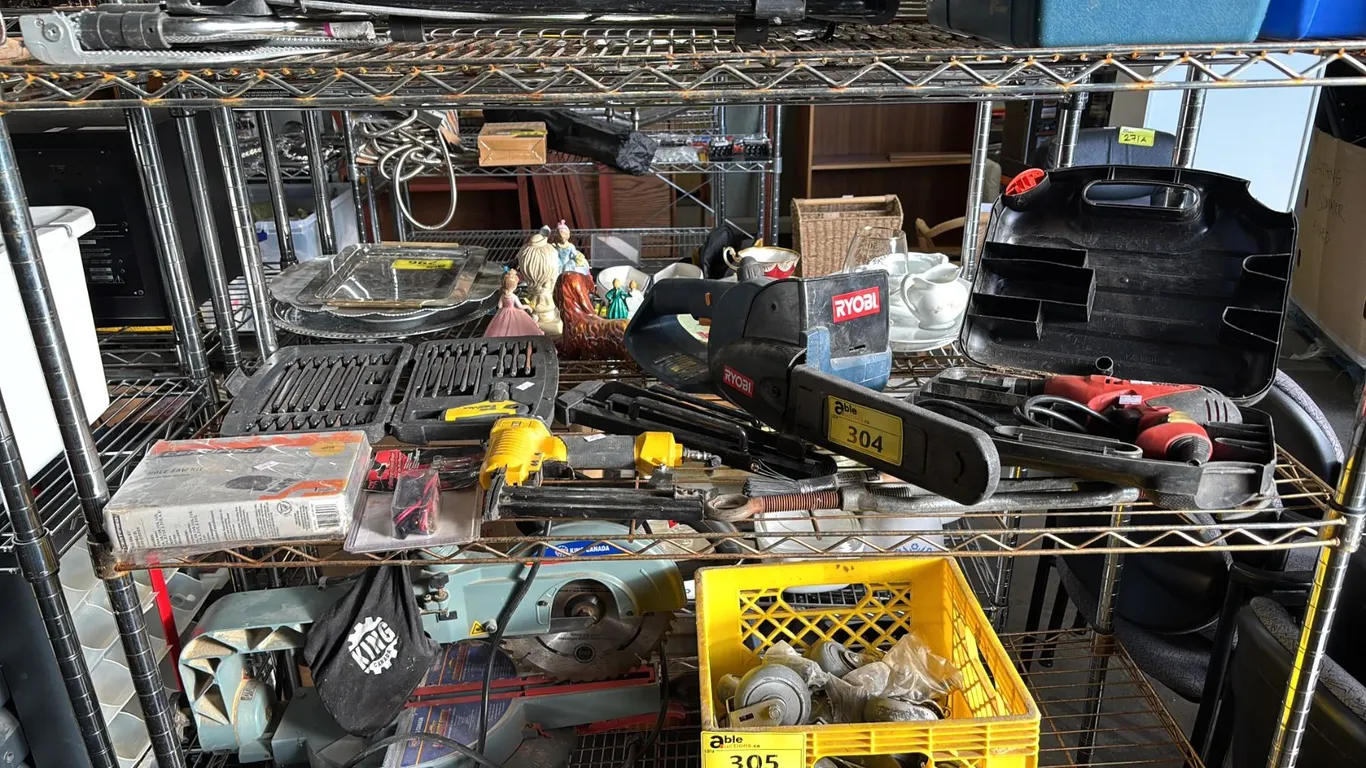 SHELF OF STANLEY T-HANDLE RATCHET POWER KEY SET, RYOBI CORDLESS CHAINSAW (NO BATTERY), B&D DRILL IN