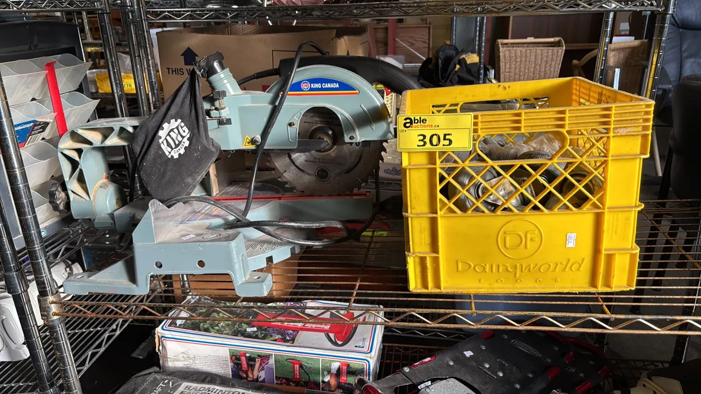 KING CANADA SLIDING COMPOUND MITER SAW & MILK CRATE OF 3" CASTERS