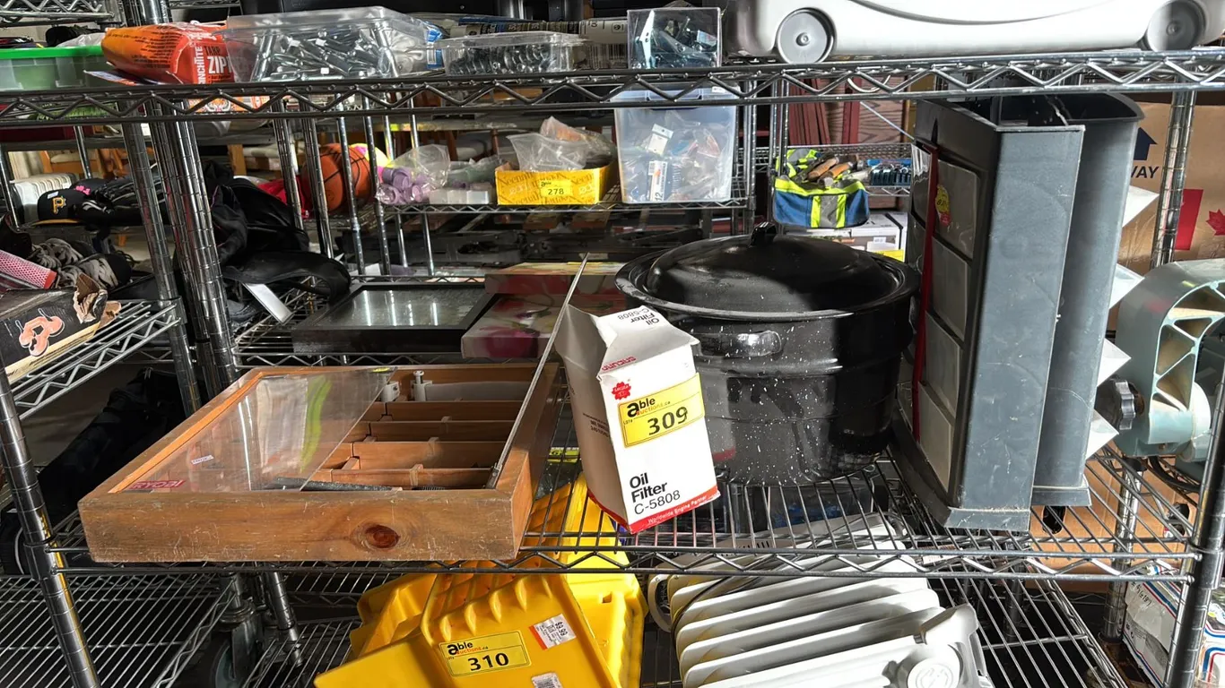 RYOBI DISPLAY CASE WITH ASSTD. ROUTER BITS, ENAMEL CANNING POT, OIL FILTER & MORE