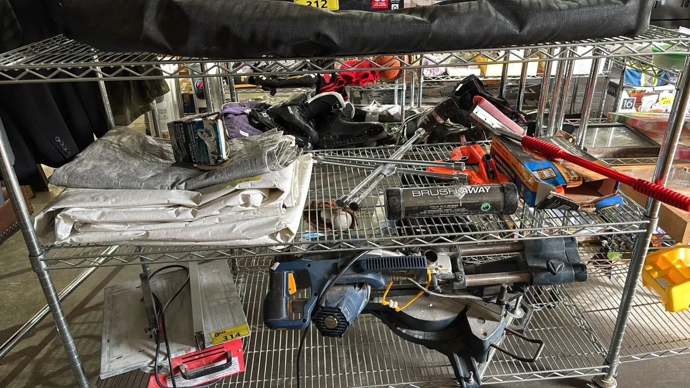 SHELF OF SUCTION CUP DENT PULLERS, ASSTD. TARPS (SIZE UNKNOWN) , LUG WRENCHES & MORE