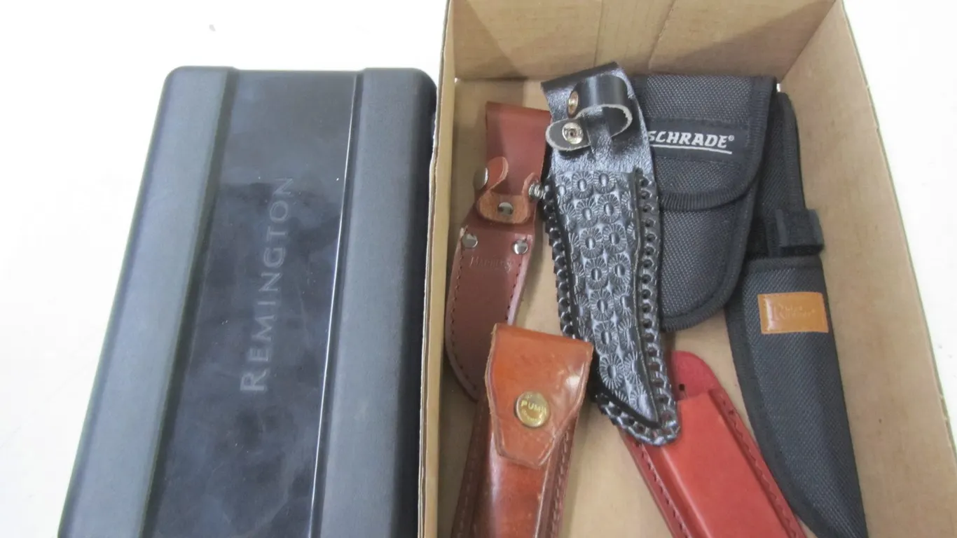 (6) Assorted Knife Sheaths And Remington Storage Box