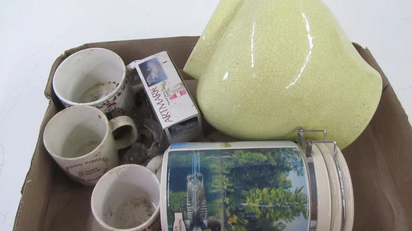 (3) Coffee Cups, Northern Renewal Canister, Frosted Glass Unicorn Candle Holder, And Ceramic Planter