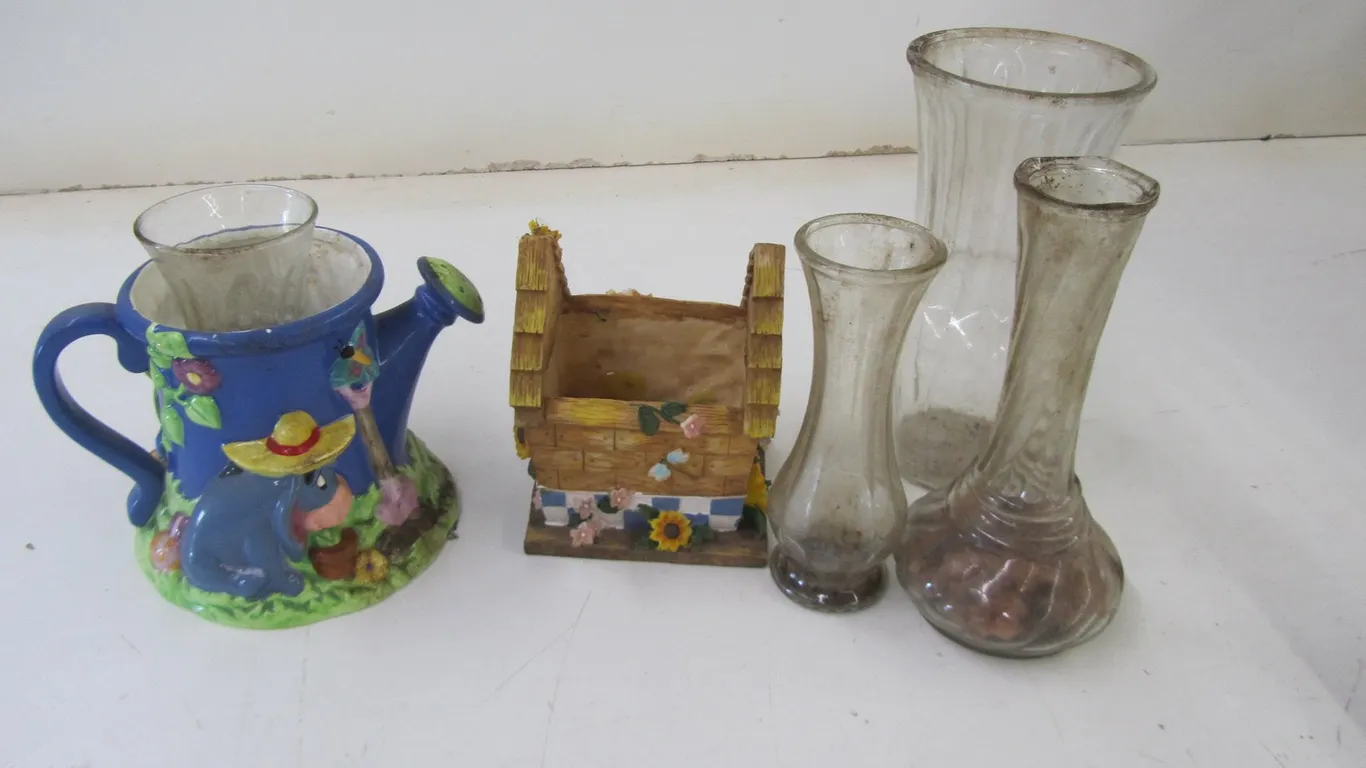 Glass Vases, Ceramic Watering Can, And Plaster Planter