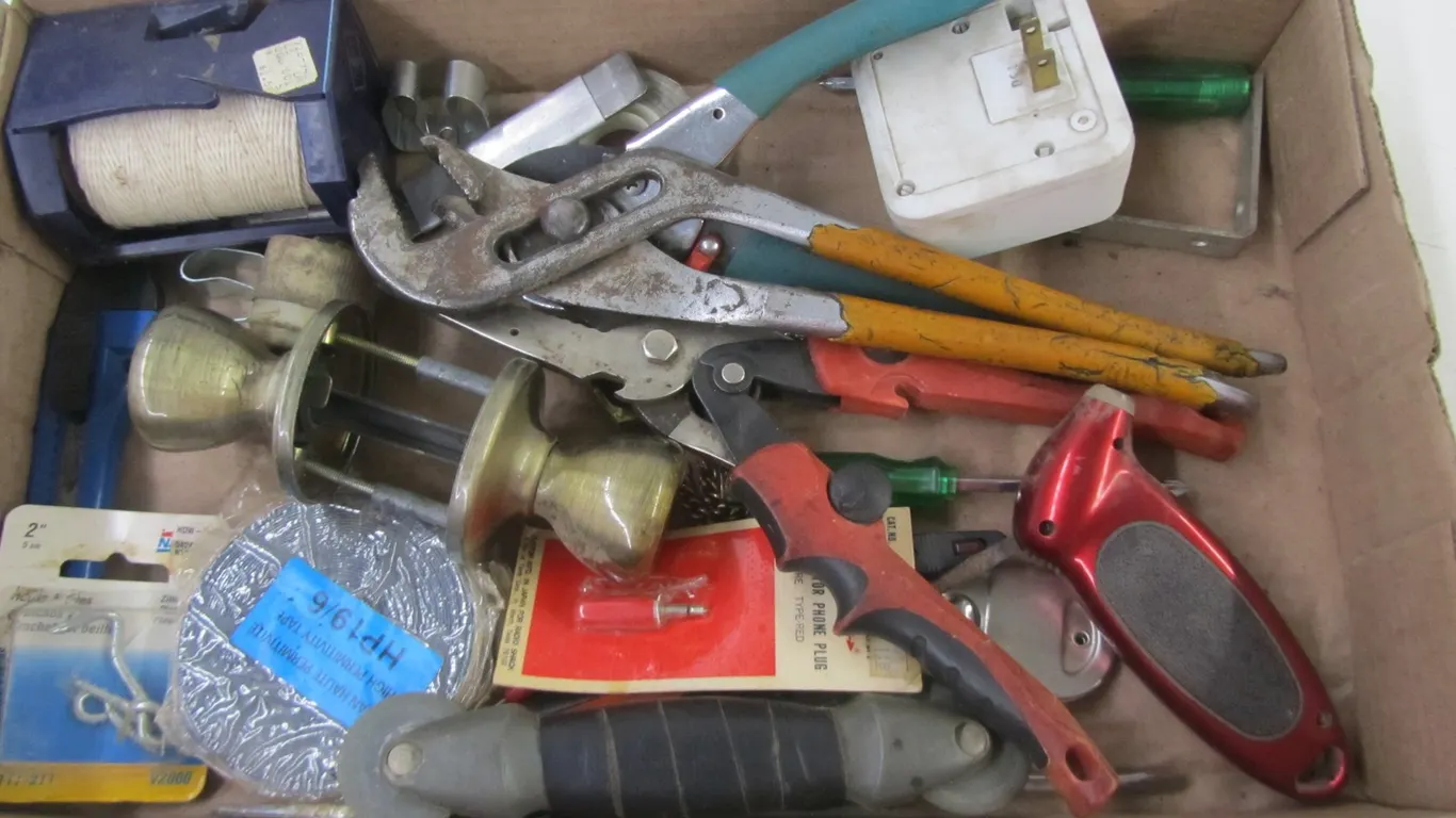 Flat Of Assorted Tools And Hardware