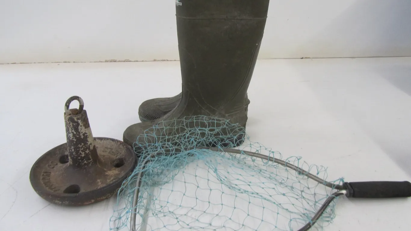 Acme No. 15 Anchor, Pair Of Size 9 Rubber Boots, And Landing Net