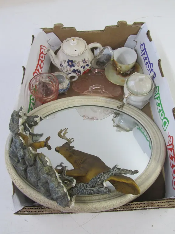 Flat Of Assorted Glassware And Decorative Whitetail Deer Mirror