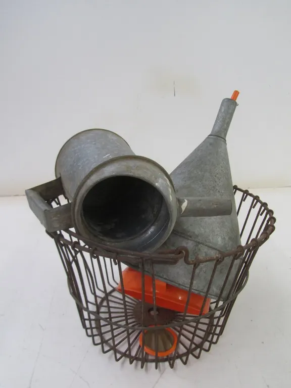 Antique Wire Basket, (2) Funnels, And Oil Can w/Spout