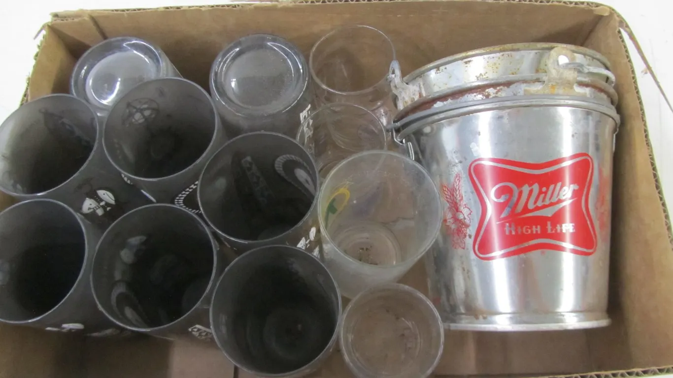 Lot Of Assorted Drinking Glasses And (3) Small Beer Buckets