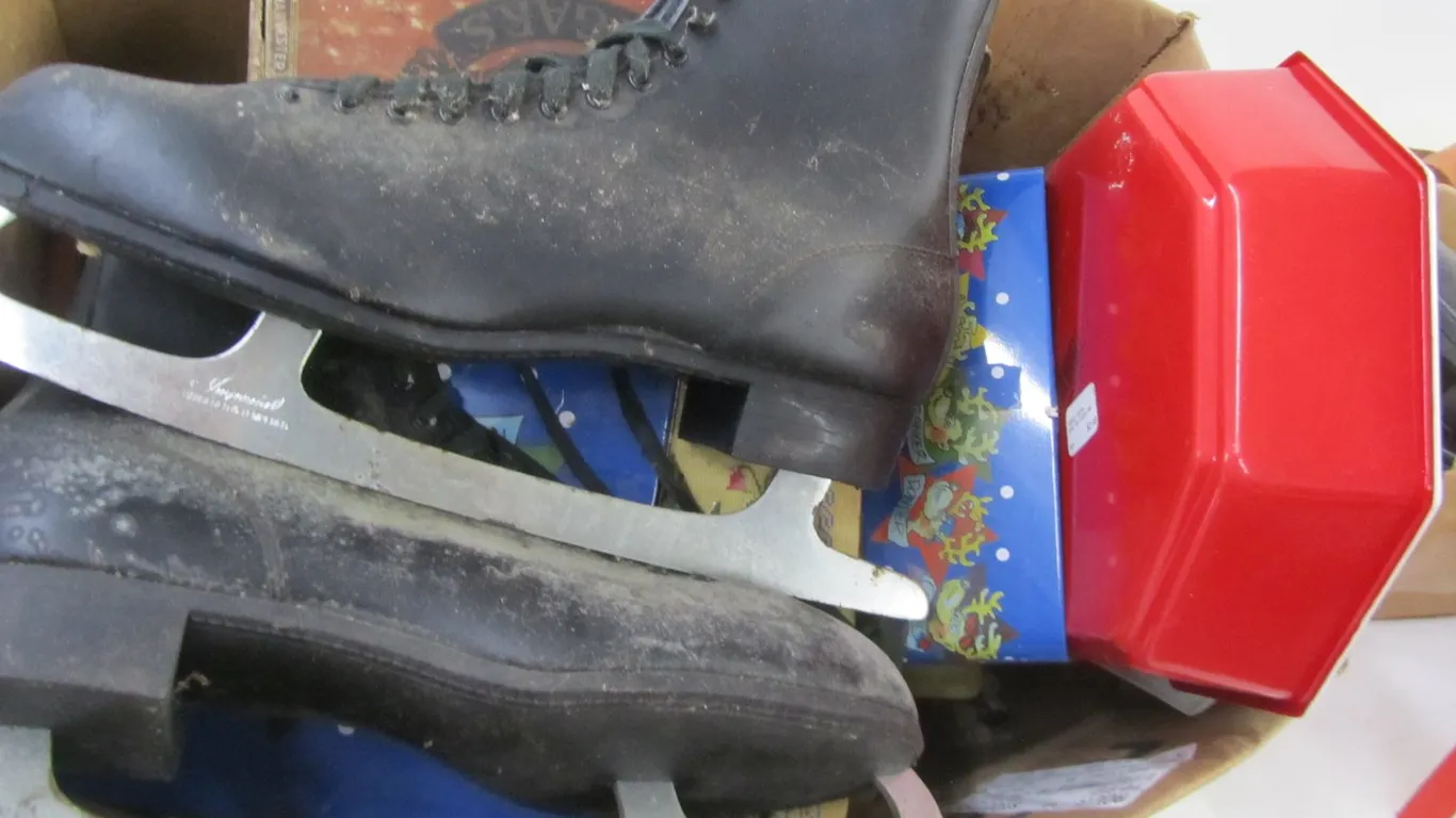 Lot Of Assorted Tins, Cigar Box, And Pair Of Ice Skates