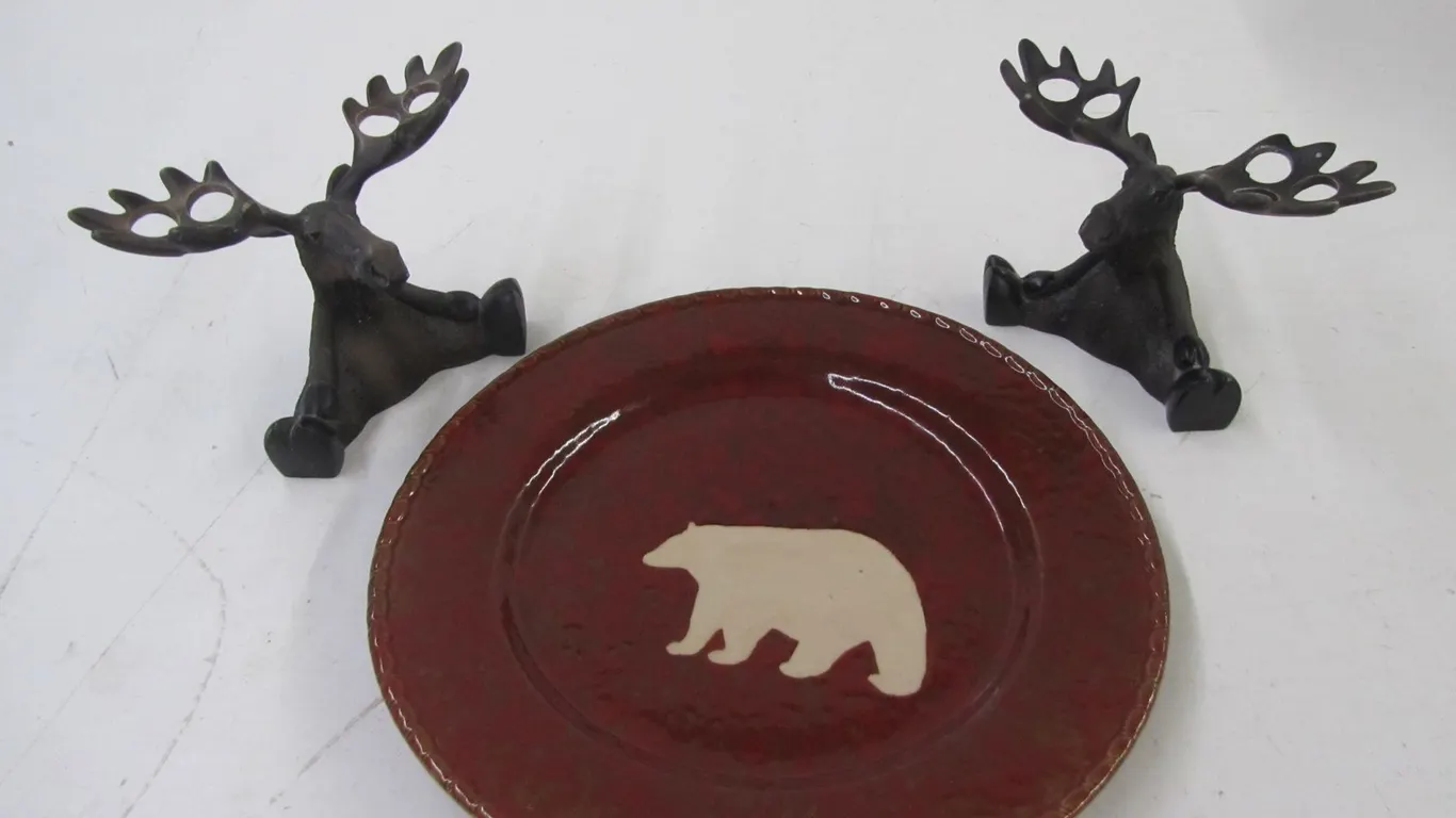 (2) Moose Toothbrush Holders And Stoneware Plate