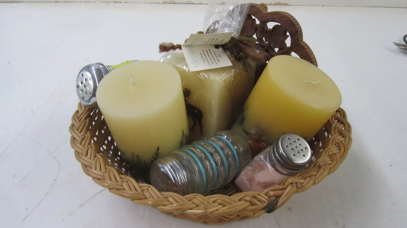 Candles, Seasoning Shakers, Wicker Basket, And More