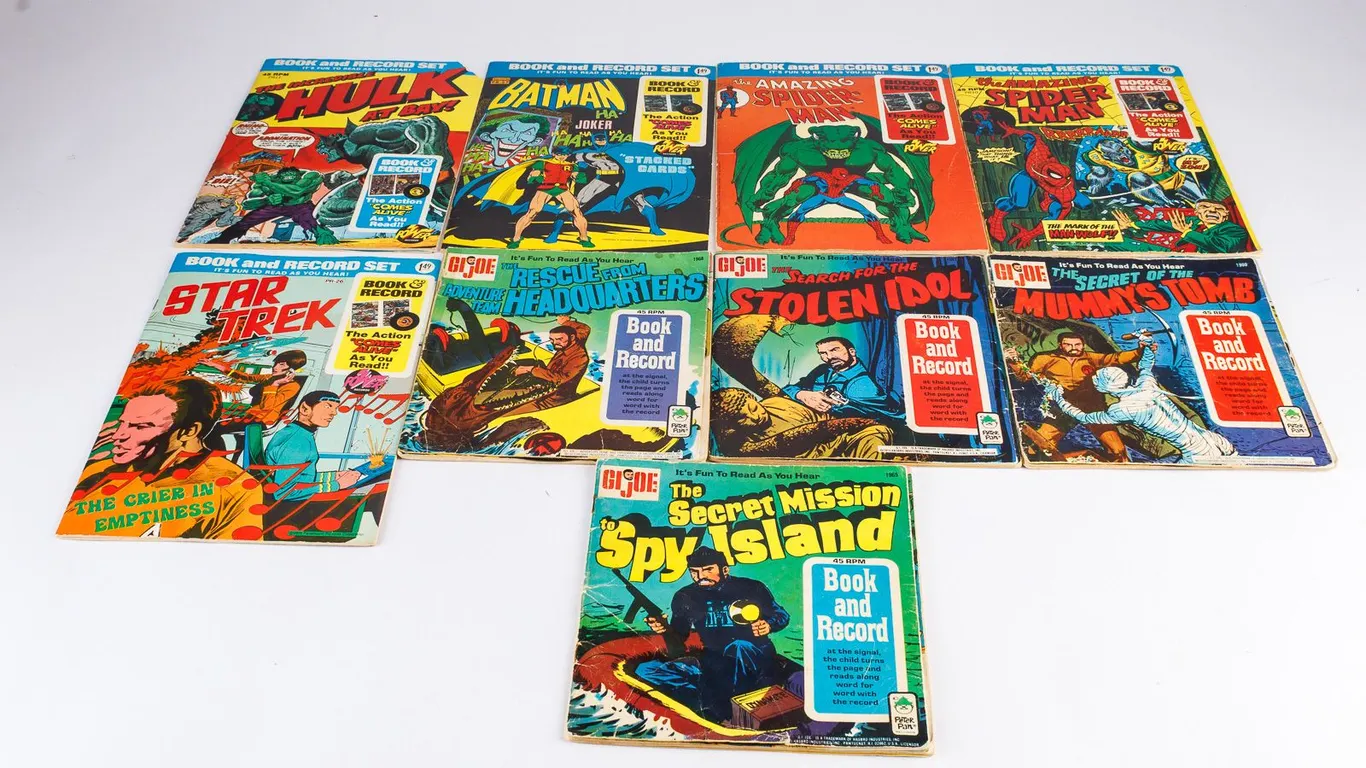 Vintage 1970s Power Records & Peter Pan Book and Record Set Lot - Spider-Man, Batman, Hulk, GI Joe,