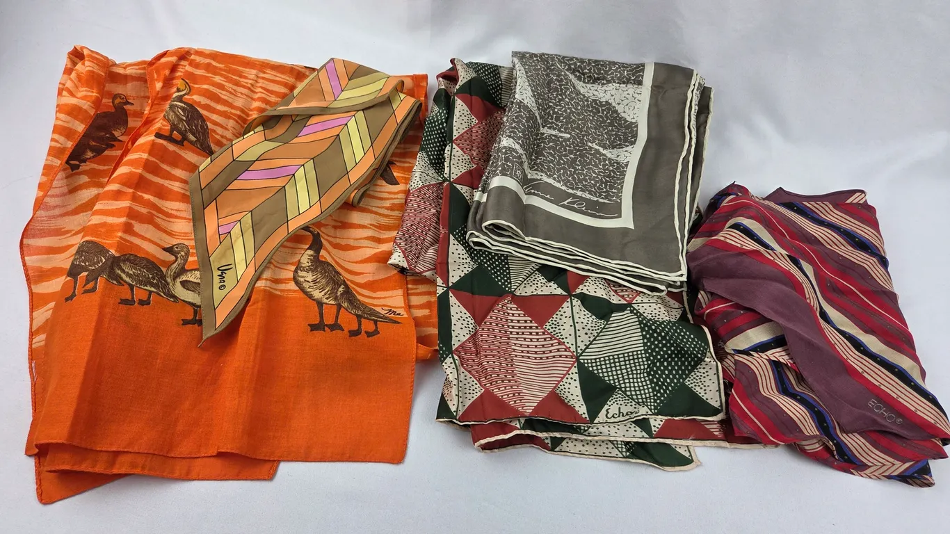 Group of 5 Vintage Designer Fashion Scarves including Anne Klein, Echo, and Vena