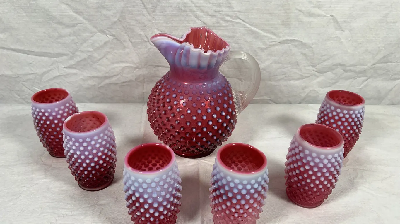 Fenton Cranberry Opalescent Hobnail Pitcher & Tumblers