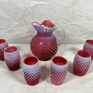 Fenton Cranberry Opalescent Hobnail Pitcher & Tumblers