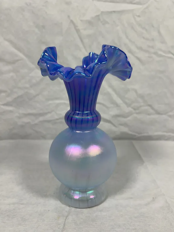 Fenton Blue Iridescent Bulbous Vase