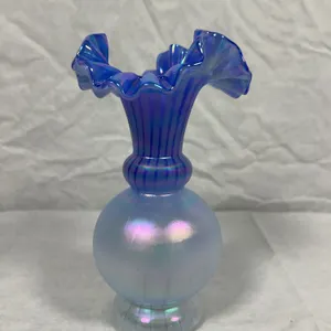 Fenton Blue Iridescent Bulbous Vase