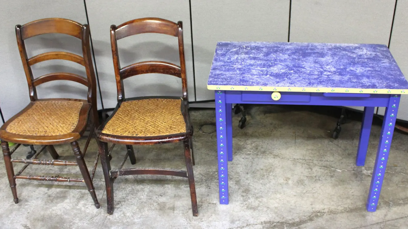 2 Cane Chairs, 1 Painted Desk