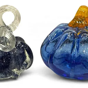 Cobalt Glass Pumpkins With Color Accents and Coiled Stems