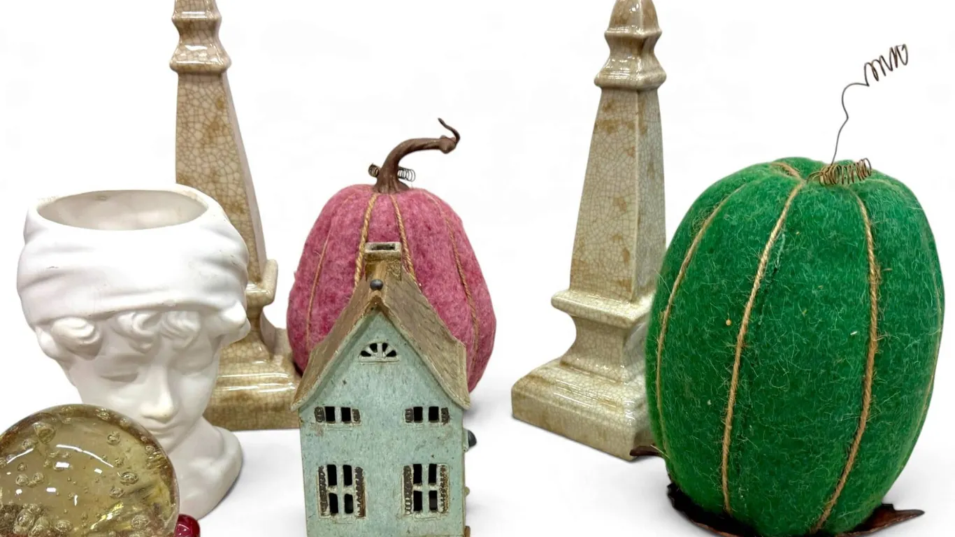 Eclectic Curio Lot: Ceramic Obelisks, Felt Pumpkin & Bust Figure