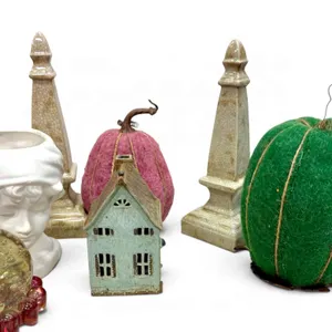 Eclectic Curio Lot: Ceramic Obelisks, Felt Pumpkin & Bust Figure