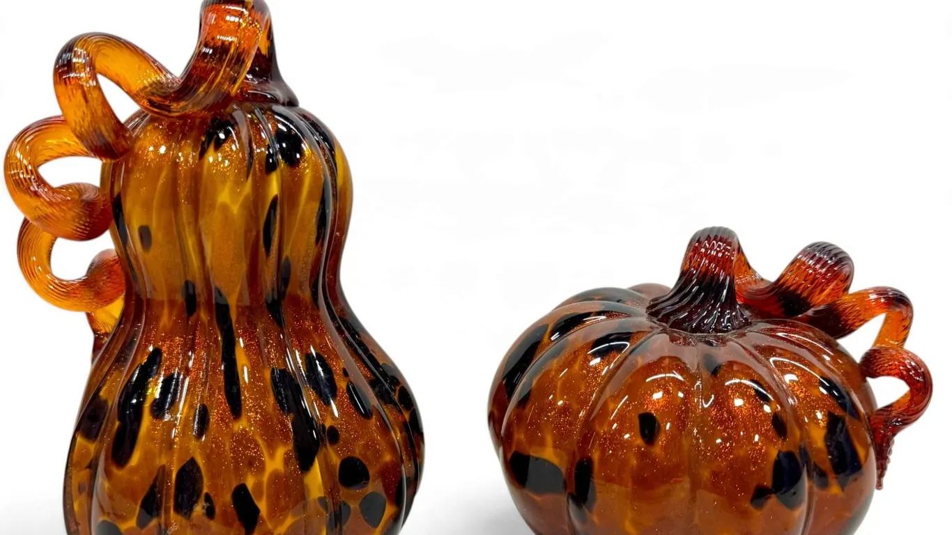 Hand-Blown Amber & Black Spotted Art Glass Pumpkins (Set of 2)