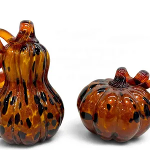 Hand-Blown Amber & Black Spotted Art Glass Pumpkins (Set of 2)