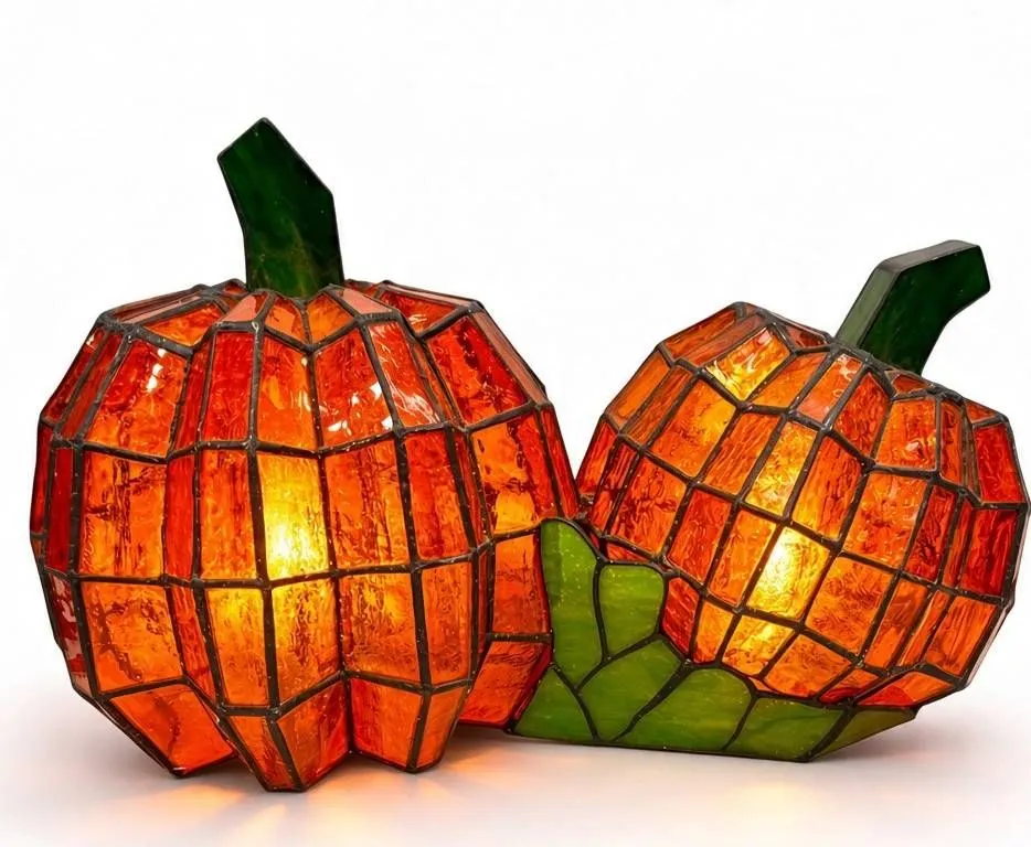 LARGE Stained Glass Pumpkin LIGHT With Green Stems and Leaves
