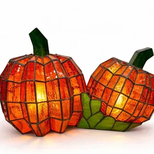 LARGE Stained Glass Pumpkin LIGHT With Green Stems and Leaves