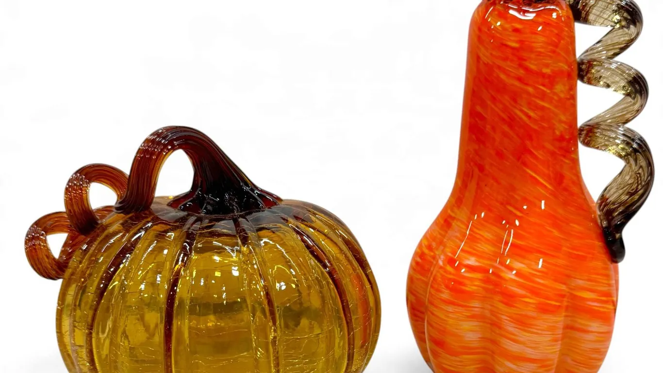 Artisan Glass Pumpkin and Gourd Sculptures in Amber and Orange