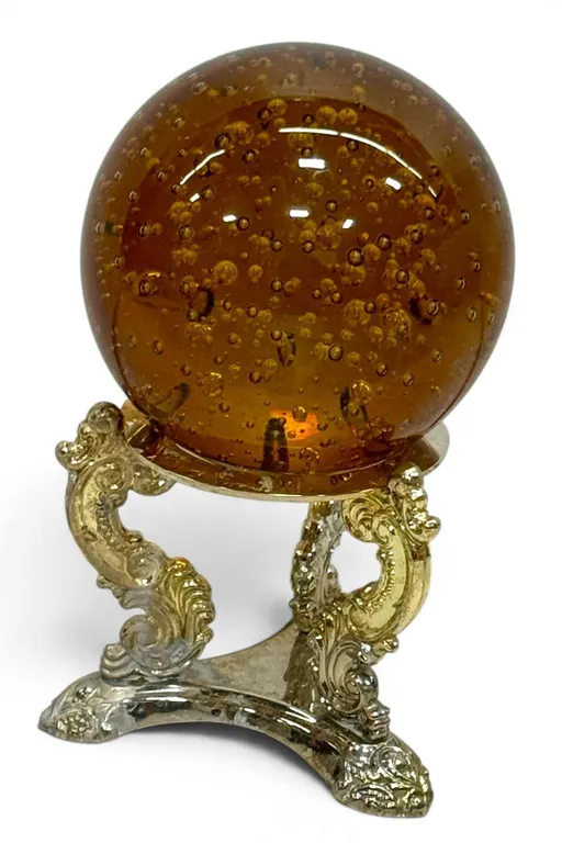Large Amber Art Glass Bubble Sphere With Gilt Tripod Base