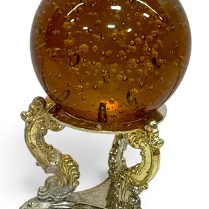 Large Amber Art Glass Bubble Sphere With Gilt Tripod Base