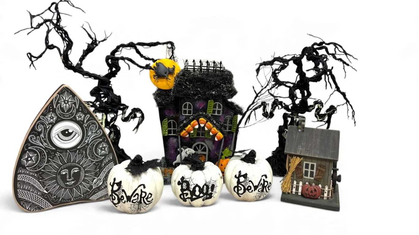 Whimsical Halloween Display: Spiderweb White Pumpkins & Birdhous