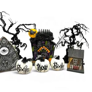 Whimsical Halloween Display: Spiderweb White Pumpkins & Birdhous