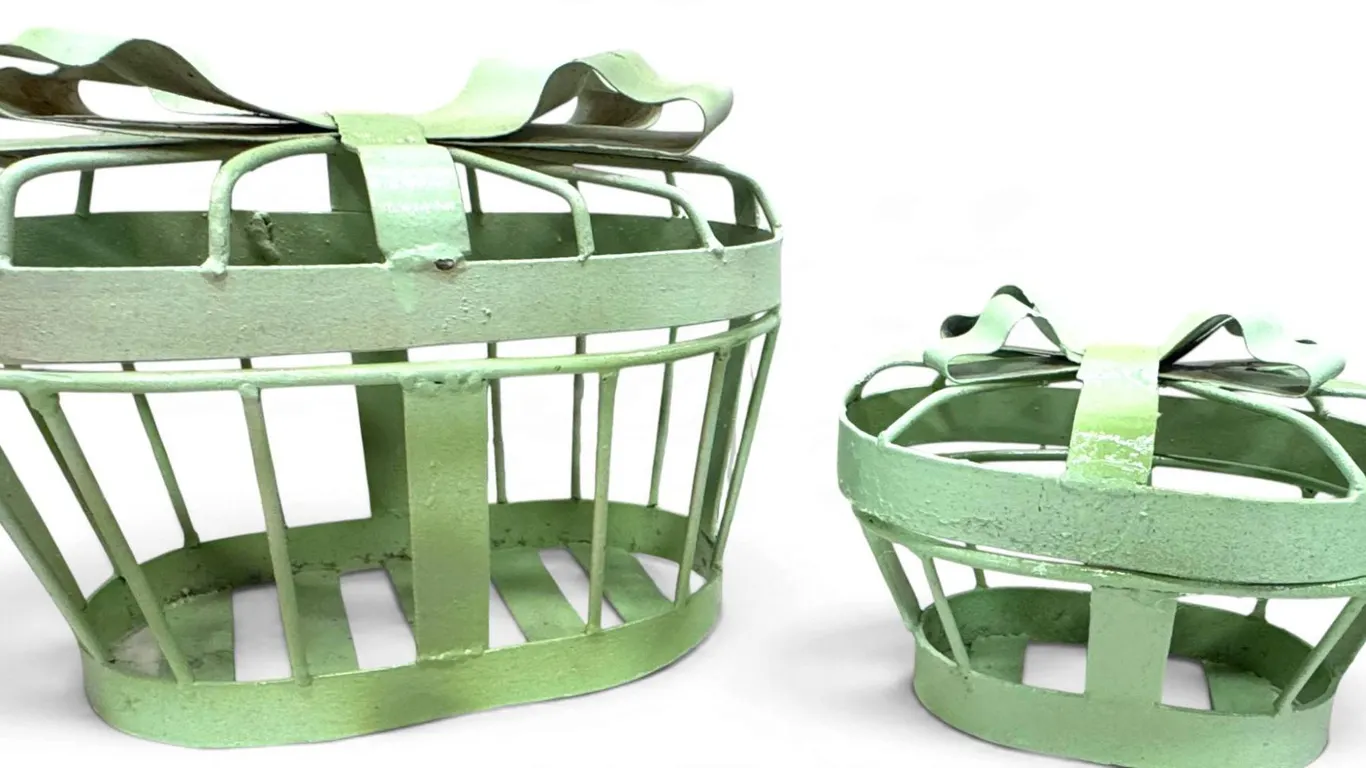 HEAVY DUTY -Two Green Metal Decorative Basket Containers with Hinged Lids