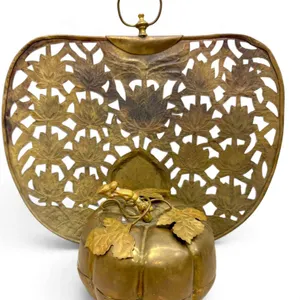 Vintage Ornate Brass Fan Wall Art & Coordinated Brass Pumpkin Container
