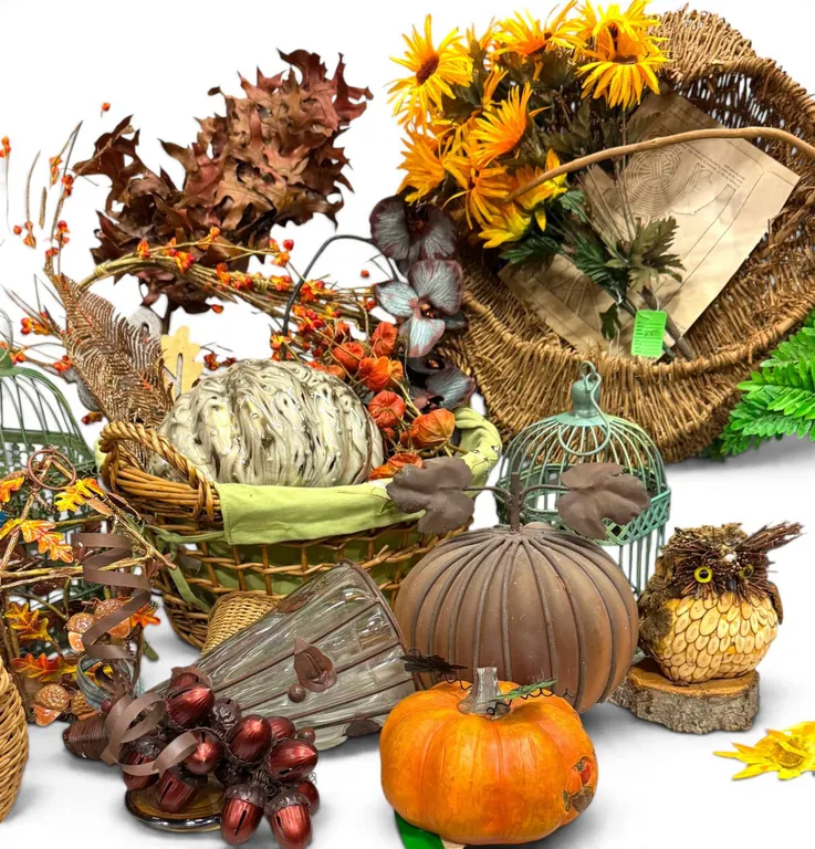 Fall Harvest Foliage Lot: Sunflowers, Wicker Baskets & Glass Gourd