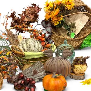 Fall Harvest Foliage Lot: Sunflowers, Wicker Baskets & Glass Gourd