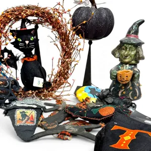 Halloween Front Door Decor: Black Cat Wreath & Witch Figurine