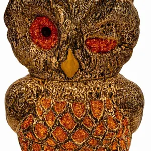 Ceramic Owl-Shaped Lamp With Orange Glass Accents and Brown Glazing
