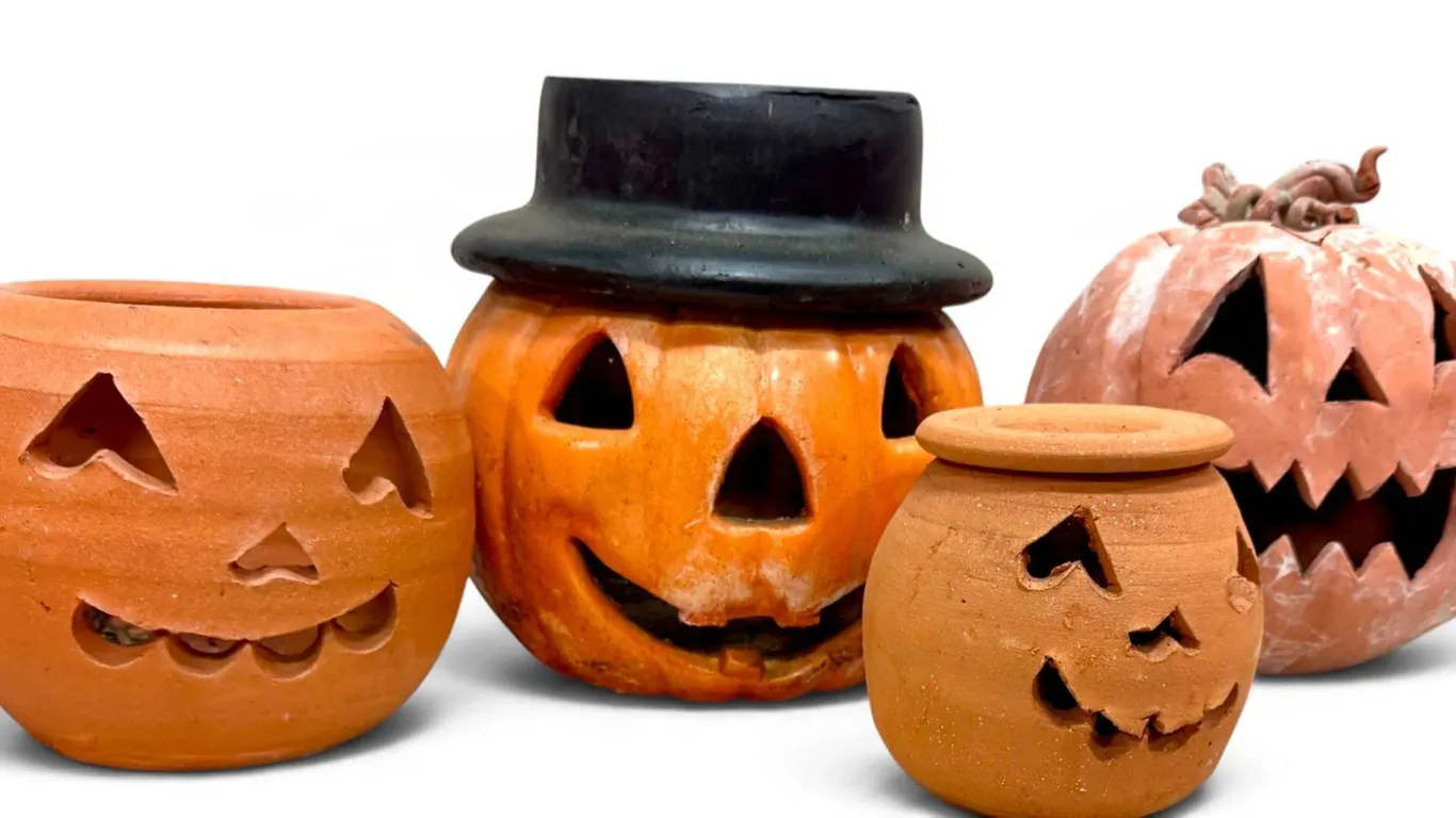 Vintage Terracotta and Painted Ceramic Pumpkin Decor with Jack-O’-Lantern Faces