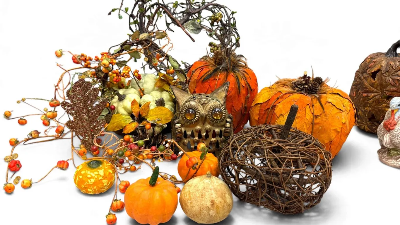Autumn Decor Lot with Faux Pumpkins, Twig Wreath, and Glass Bottles
