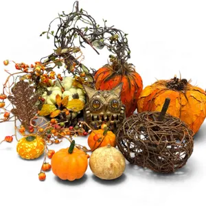 Autumn Decor Lot with Faux Pumpkins, Twig Wreath, and Glass Bottles
