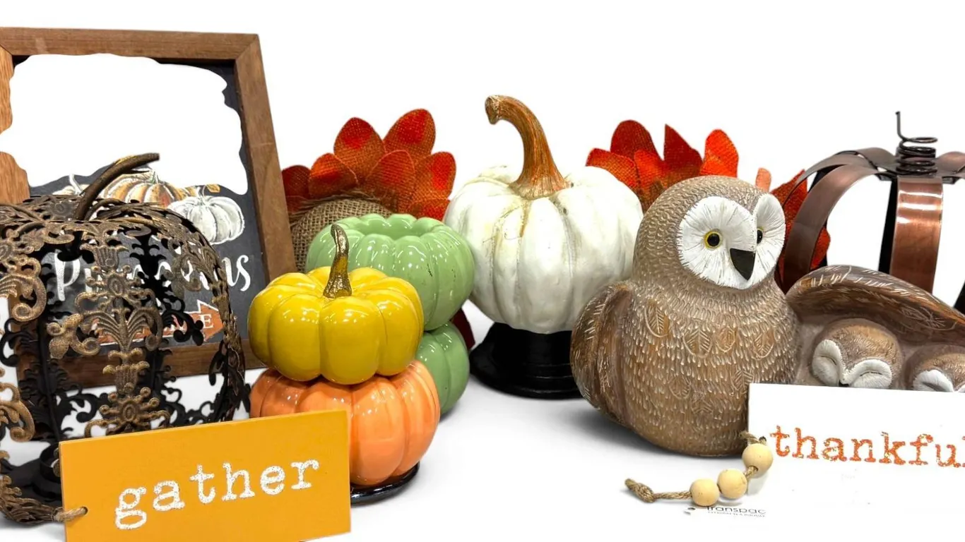 Autumn Harvest Decor Collection Featuring Pumpkins, Owl, and Seasonal Signs