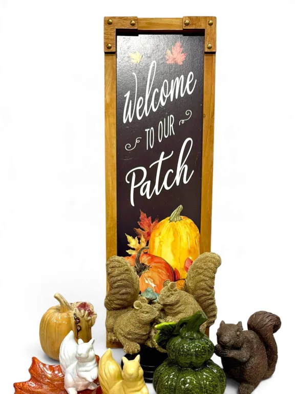 Complete Autumnal Decor Lot Including Squirrel Figures, Pumpkins, and Sign