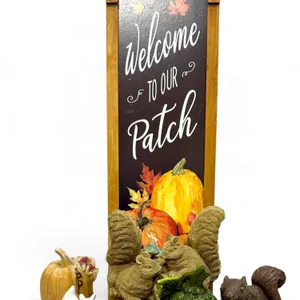 Complete Autumnal Decor Lot Including Squirrel Figures, Pumpkins, and Sign