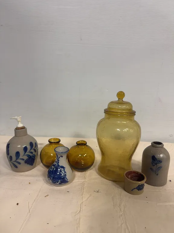 Amber Glass Apothecary Jar & Blue Stoneware Pottery Collection