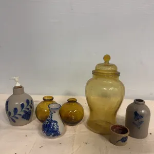Amber Glass Apothecary Jar & Blue Stoneware Pottery Collection