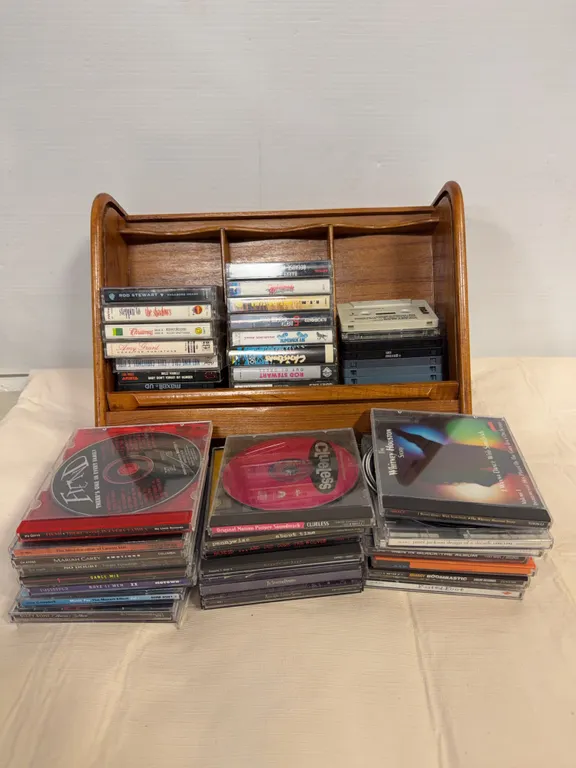 Vintage Cassette Tapes, CDs & Wooden Media Storage Rack