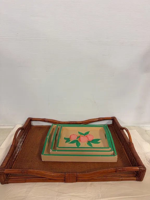 Rattan Serving Tray & Hand-Painted Nesting Trays